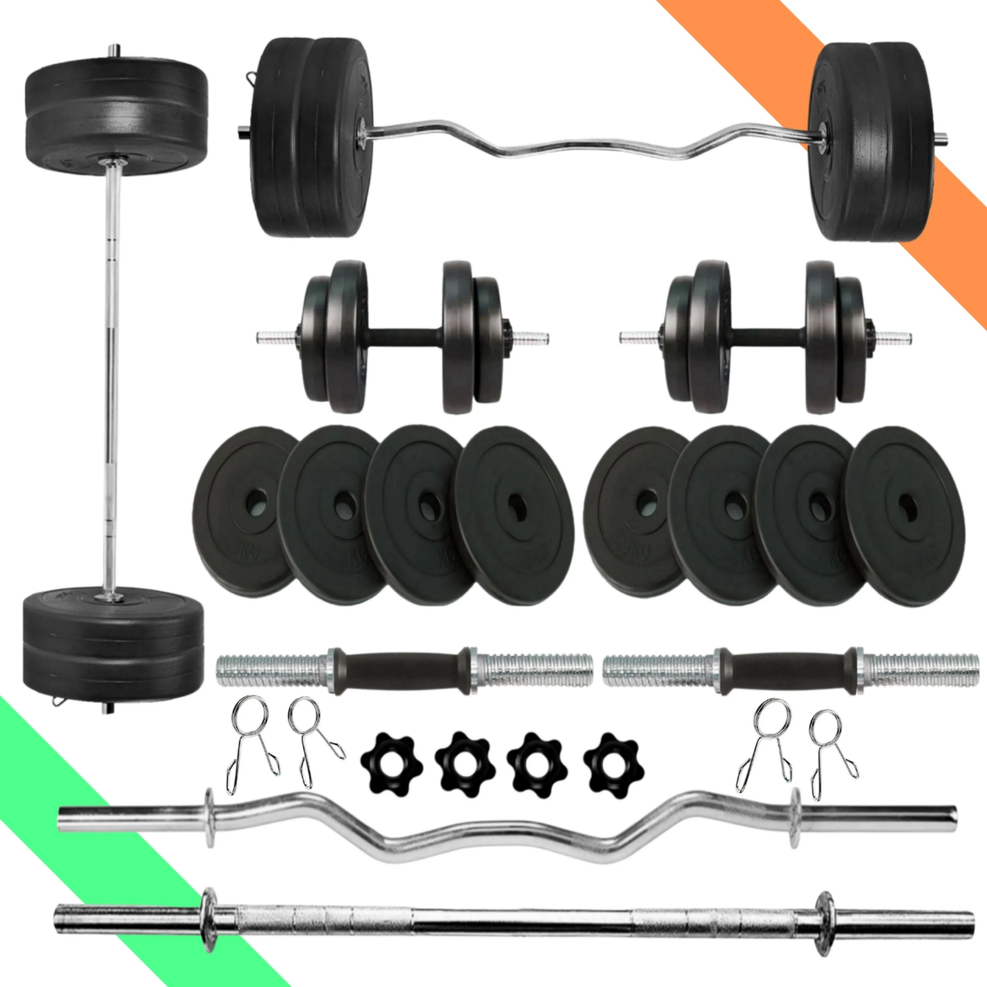 14 kg Home Gym Combo | Home Gym Set | 3ft Curl Rod | 3ft Straight   One Pair Dumbbell Rods | Weight Plates | Exercise Set