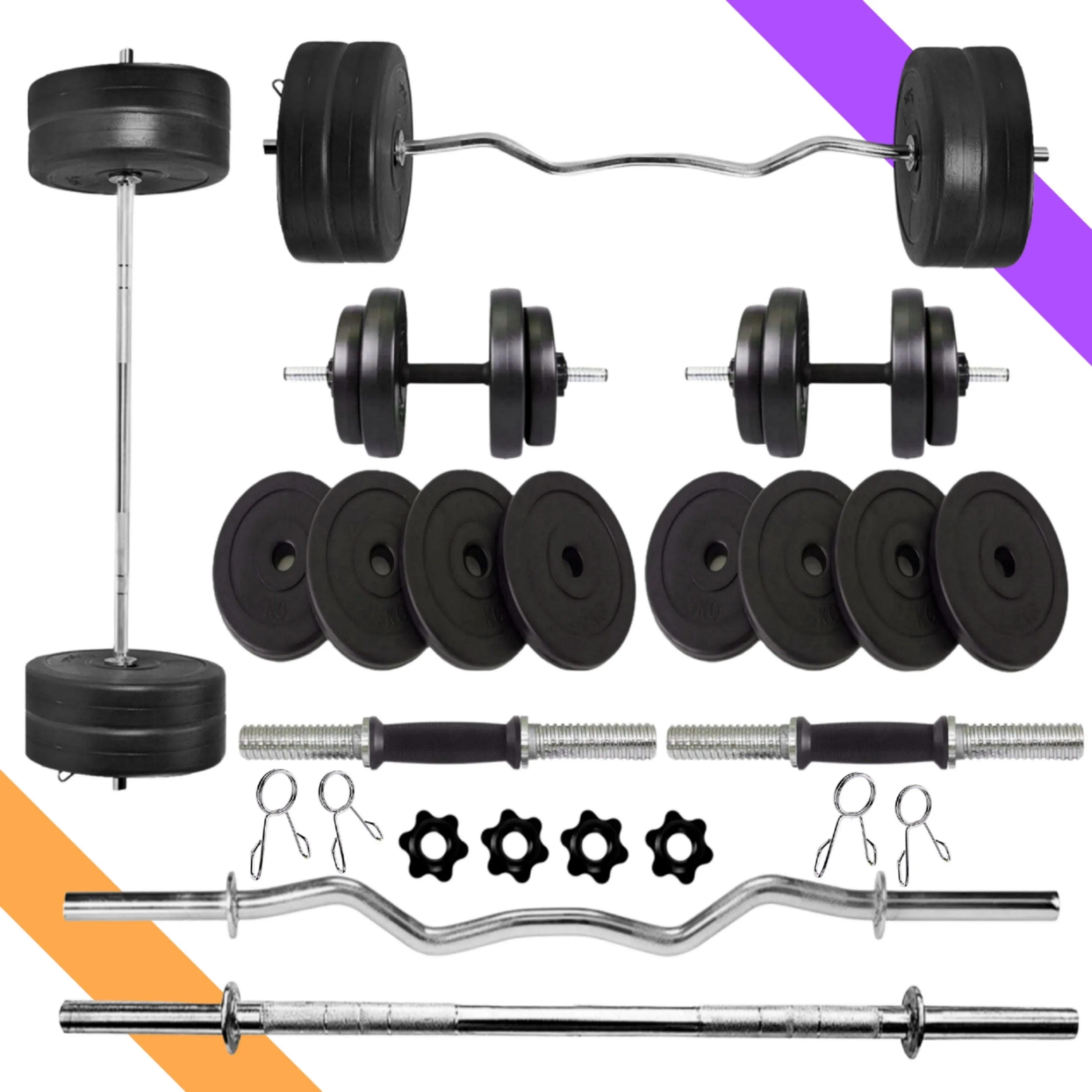 28 kg Home Gym Combo | Home Gym Set | 3ft Curl Rod | 3ft Straight   One Pair Dumbbell Rods | Weight Plates | Exercise Set