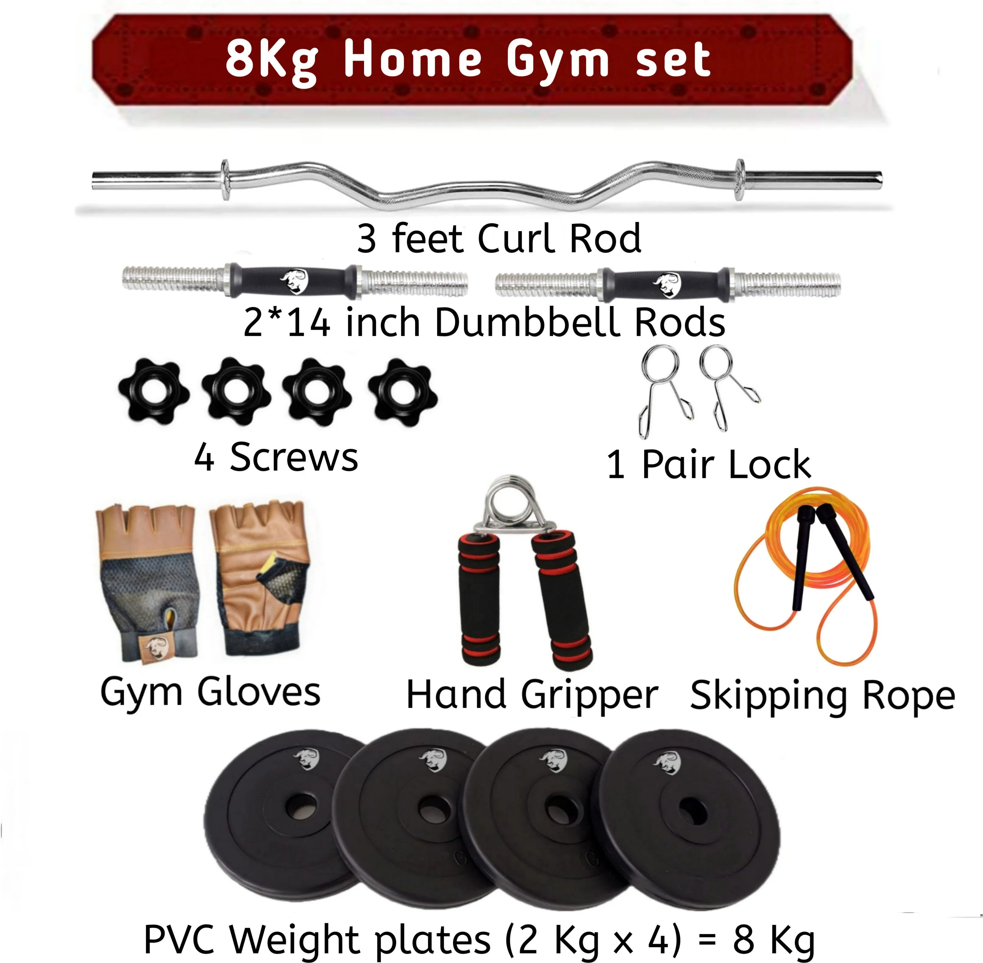 8Kg  Home Gym kit  | 3 Feet Curl Rod  | One Pair dumbbell Rod  Gym Accessories