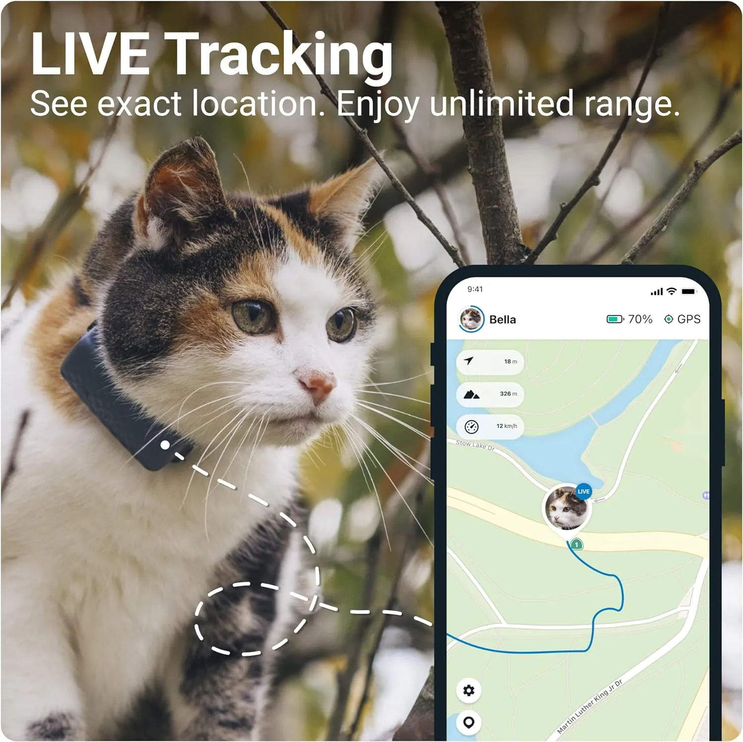 GPS Tracker & Health Monitoring for Cats (6.5 Lbs )