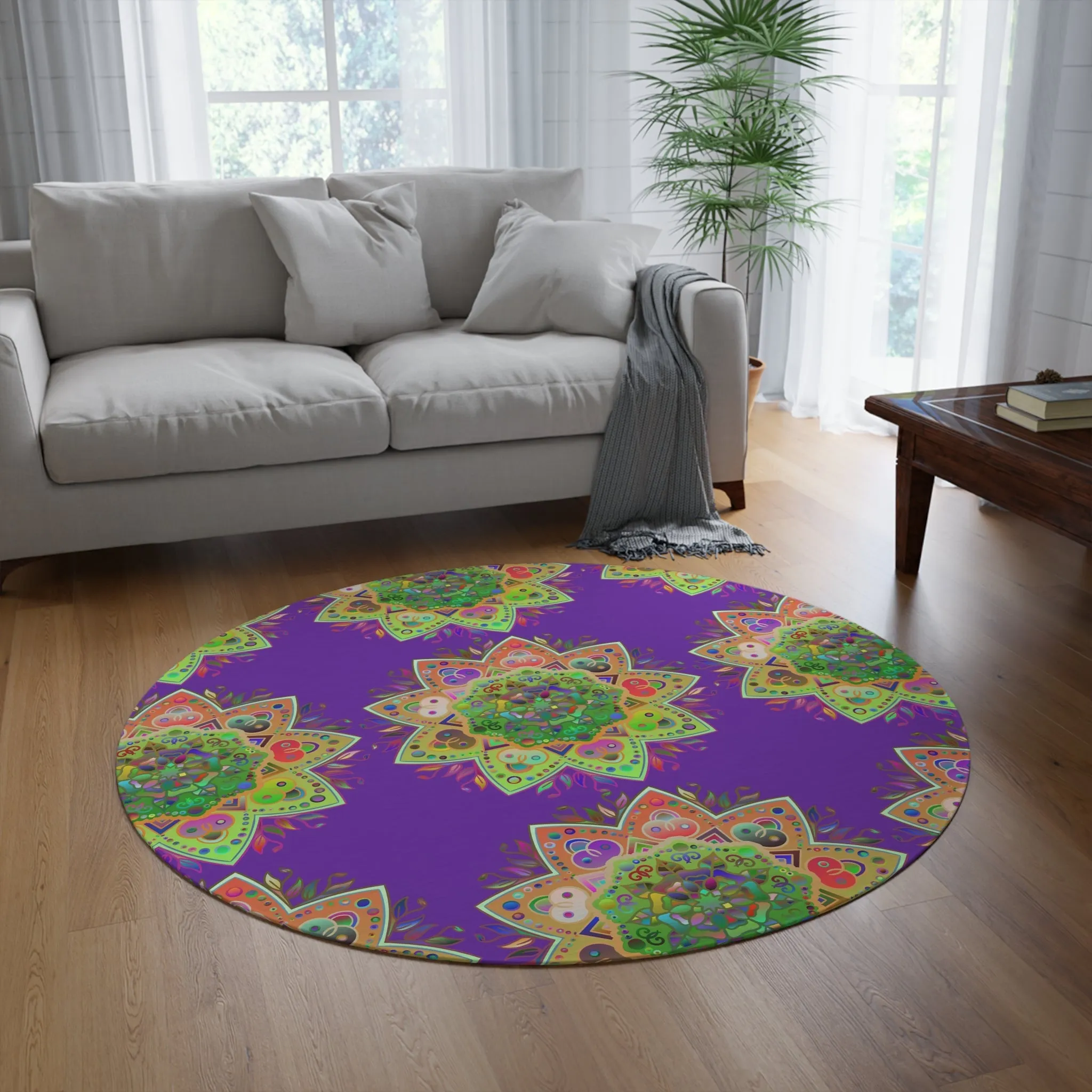 Handmade Mandala Round Rug with Grape Background - 60" Chenille Decor