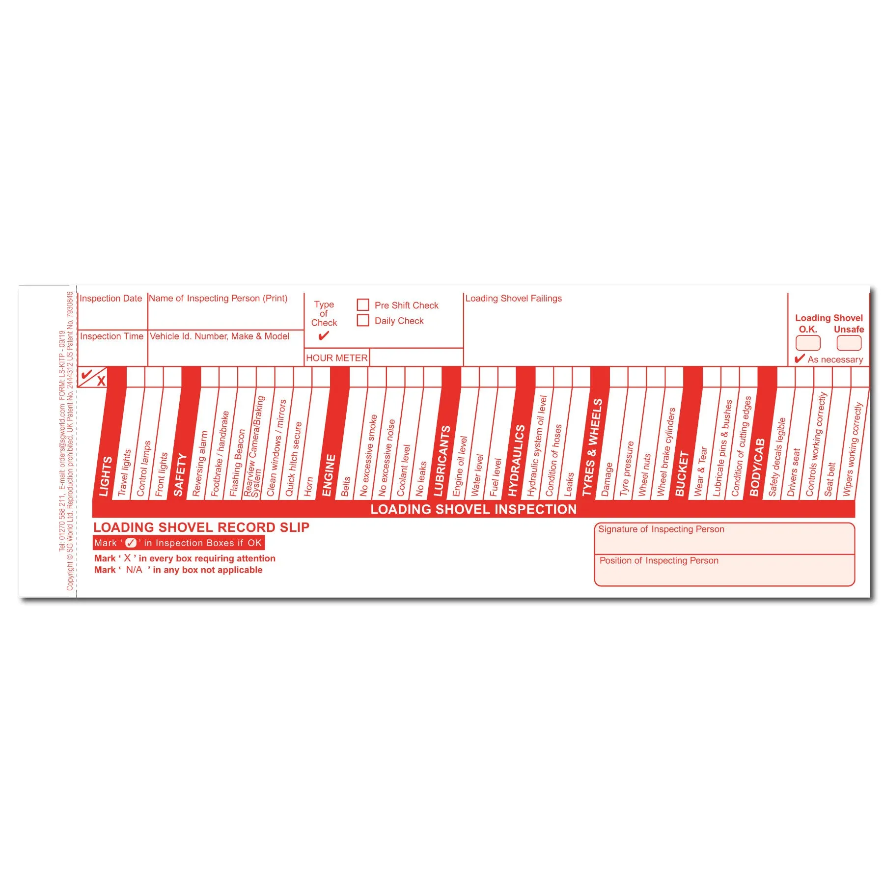 Loading Shovel Pre-Use Visual Inspection Checklist (pad of 30)