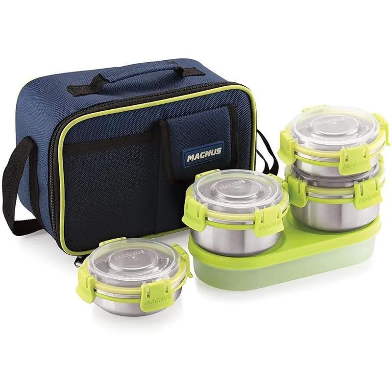 Magnus Hybrid 5 Lunch Box - Premium Stainless Steel Tiffin Set for Kids, Boys, Men and Women - Ideal Lunch Boxes for Office Men, Leakproof Containers, Insulated Cover