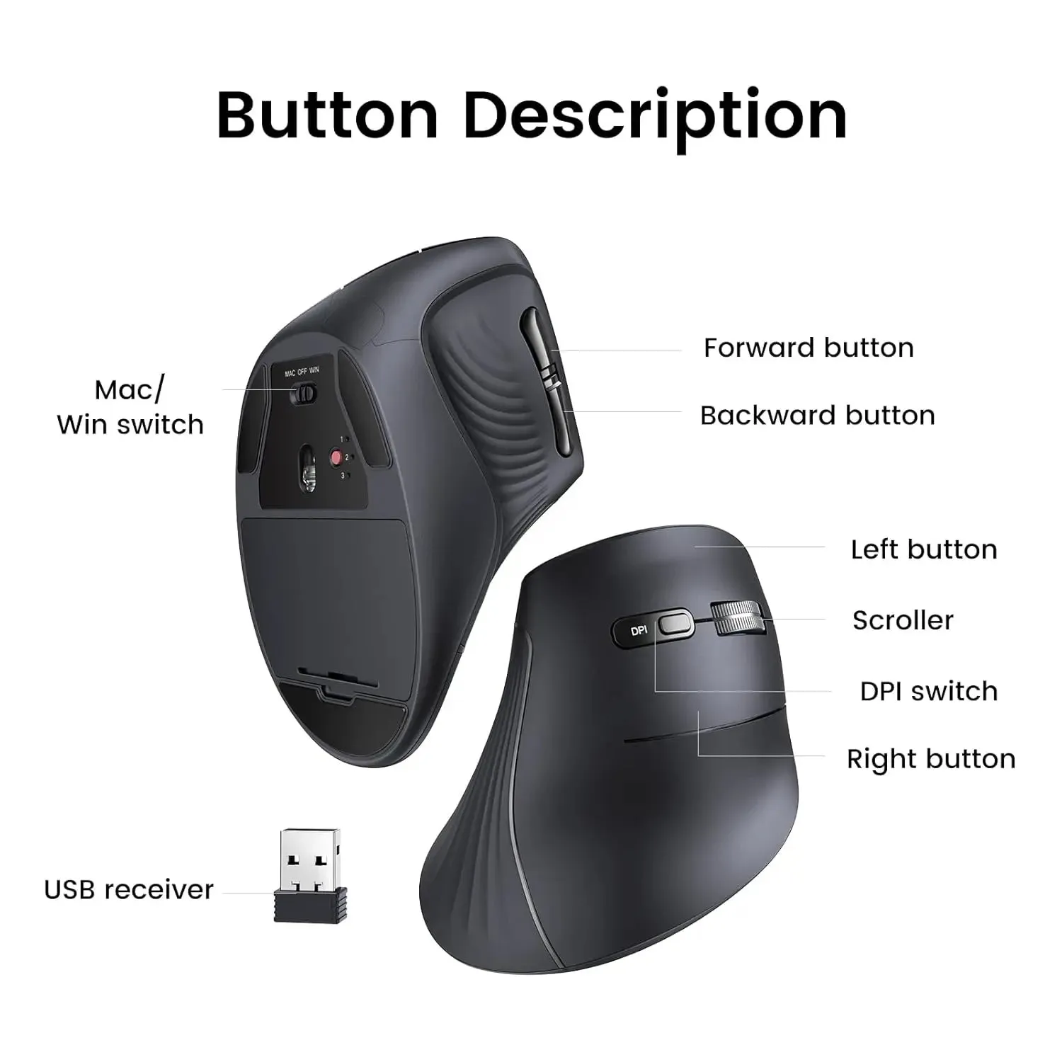 UGREEN Vertical Ergonomic Mouse Wireless (Bluetooth 5.0 2.4G) with 5 Buttons, 1000/16000/2000/4000 DPI, Prevention of Mouse Arm Compatible with PC/Laptop/Tablet, Black (25444)