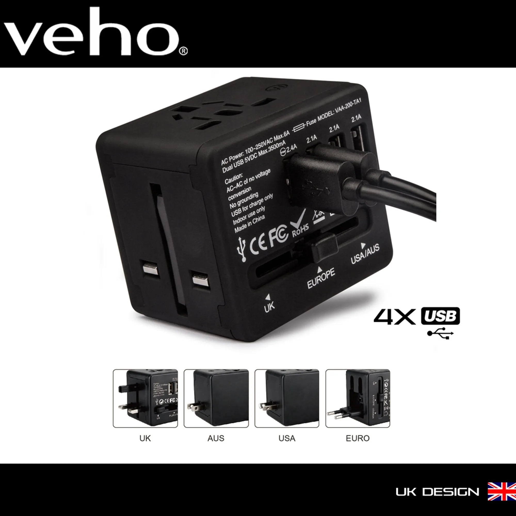 Veho TA-1 Universal 4-Port USB 5V 3.5A World Travel Plug with Multi-Region Adapter for UK, US, EU, AUS