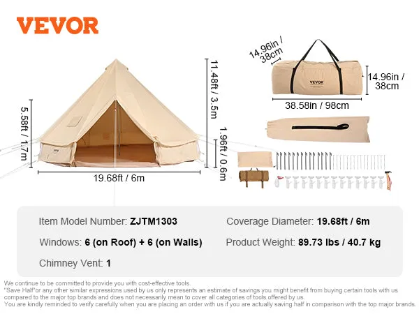 VEVOR 20'x20'x138"(Diameter 6M) 10-12 Person Canvas Glamping Bell Tent, Breathable Waterproof Mongolian Yurt Tent with Stove Jack and Detachable Side Wall for Family Camping