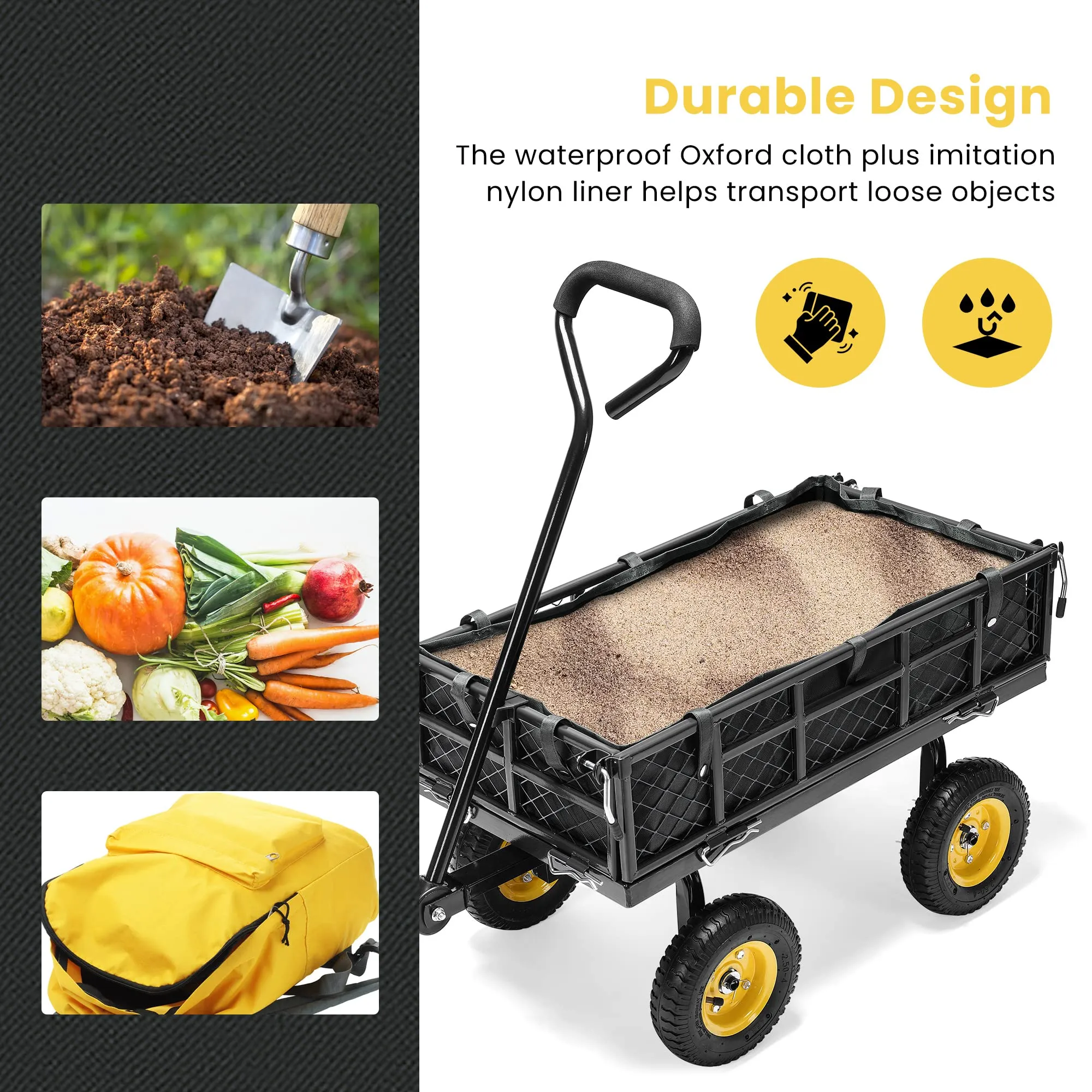 VIVOHOME Heavy Duty 400 Lbs Capacity Mesh Steel Garden Cart Folding Utility Wagon with Removable Sides Black