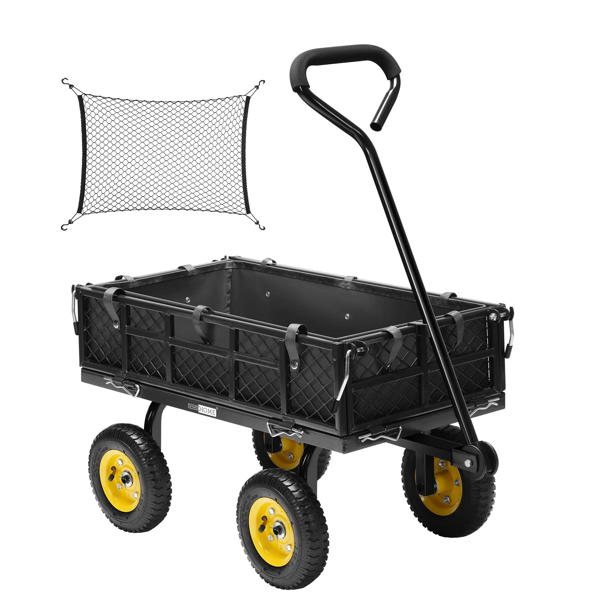 VIVOHOME Heavy Duty 400 Lbs Capacity Mesh Steel Garden Cart Folding Utility Wagon with Removable Sides Black