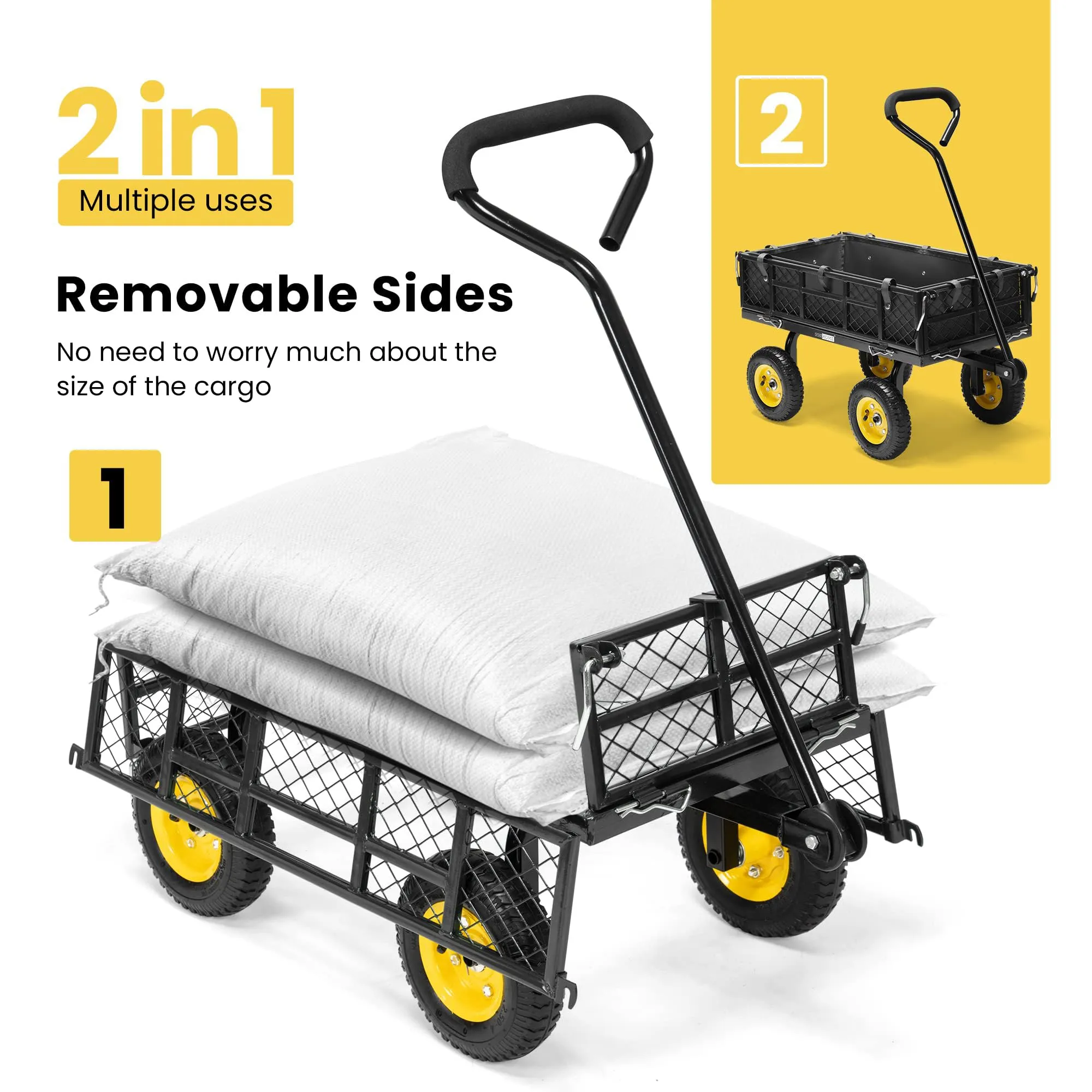 VIVOHOME Heavy Duty 400 Lbs Capacity Mesh Steel Garden Cart Folding Utility Wagon with Removable Sides Black